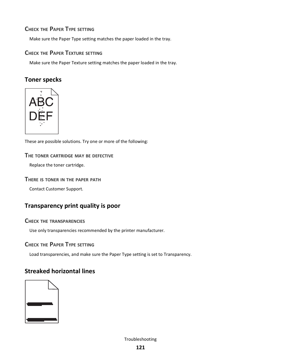 Toner specks, Transparency print quality is poor, Streaked horizontal lines | Transparency print quality is poor c | Lexmark E260dn User Manual | Page 121 / 142