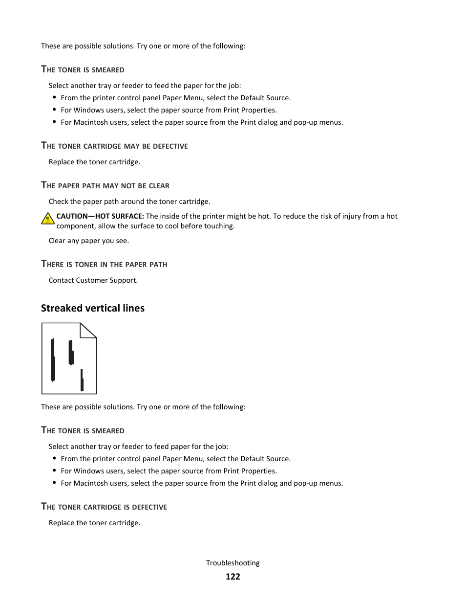 Streaked vertical lines | Lexmark E260dn User Manual | Page 122 / 142