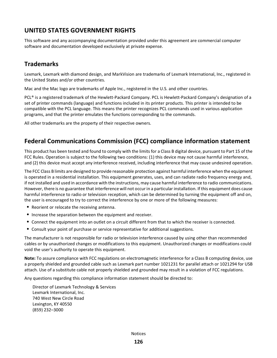 United states government rights, Trademarks | Lexmark E260dn User Manual | Page 126 / 142