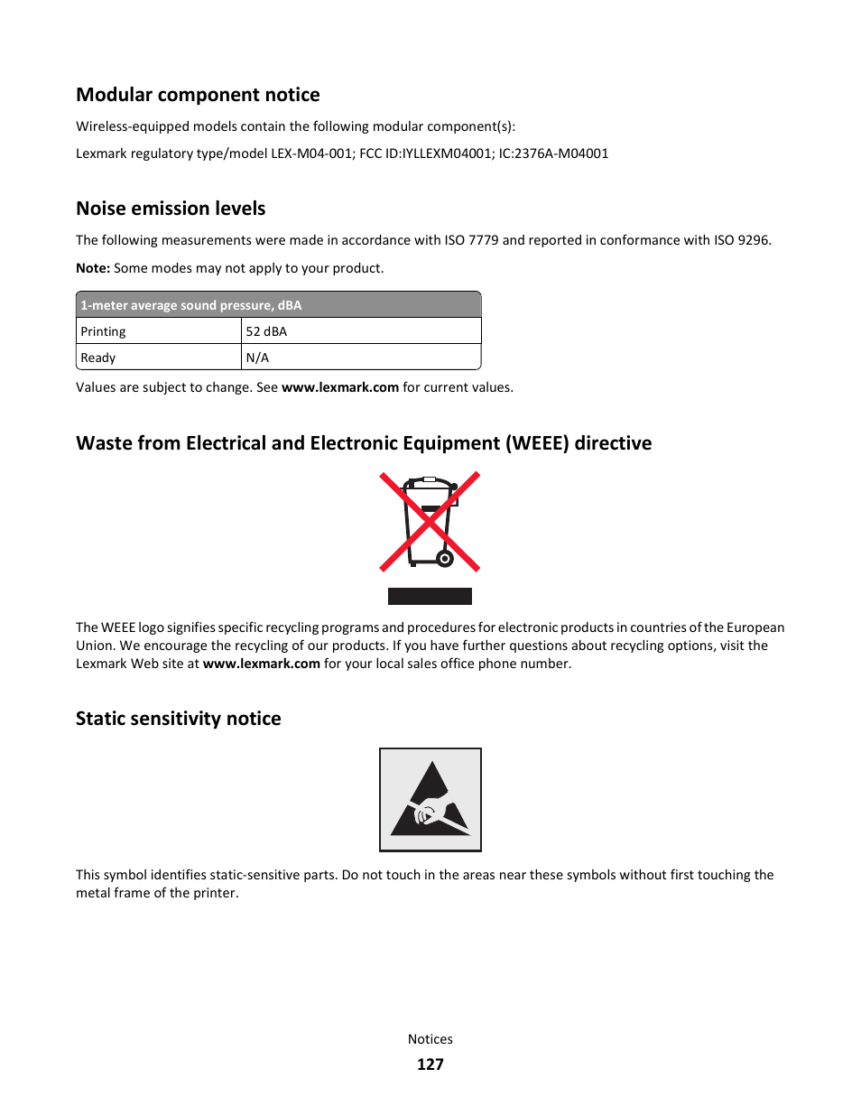 Modular component notice, Noise emission levels, Static sensitivity notice | Lexmark E260dn User Manual | Page 127 / 142