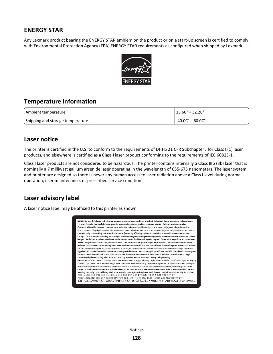 Energy star, Temperature information, Laser notice | Laser advisory label | Lexmark E260dn User Manual | Page 128 / 142