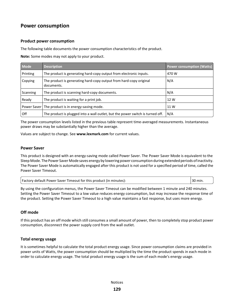 Power consumption, Product power consumption, Power saver | Off mode, Total energy usage | Lexmark E260dn User Manual | Page 129 / 142