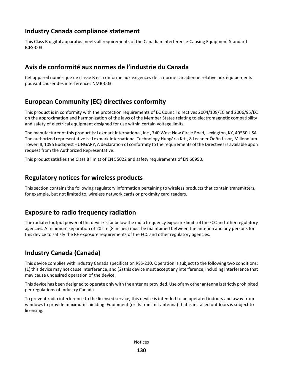 European community (ec) directives conformity, Regulatory notices for wireless products, Exposure to radio frequency radiation | Industry canada (canada), Industry canada compliance statement | Lexmark E260dn User Manual | Page 130 / 142