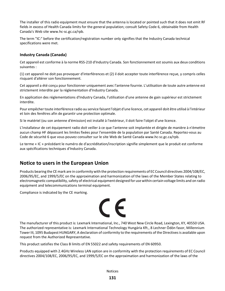 Notice to users in the european union | Lexmark E260dn User Manual | Page 131 / 142