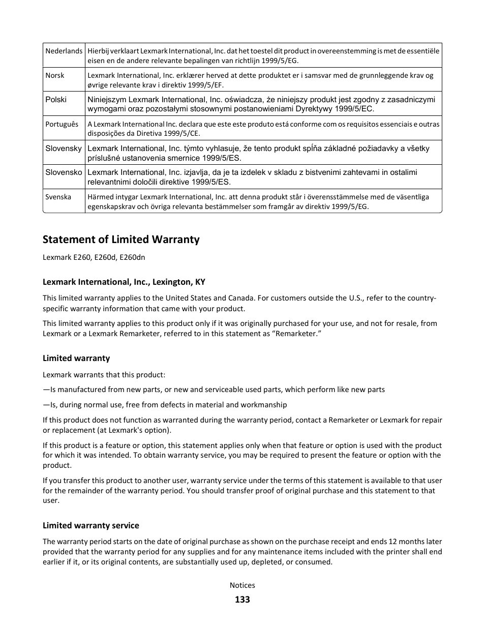 Statement of limited warranty | Lexmark E260dn User Manual | Page 133 / 142