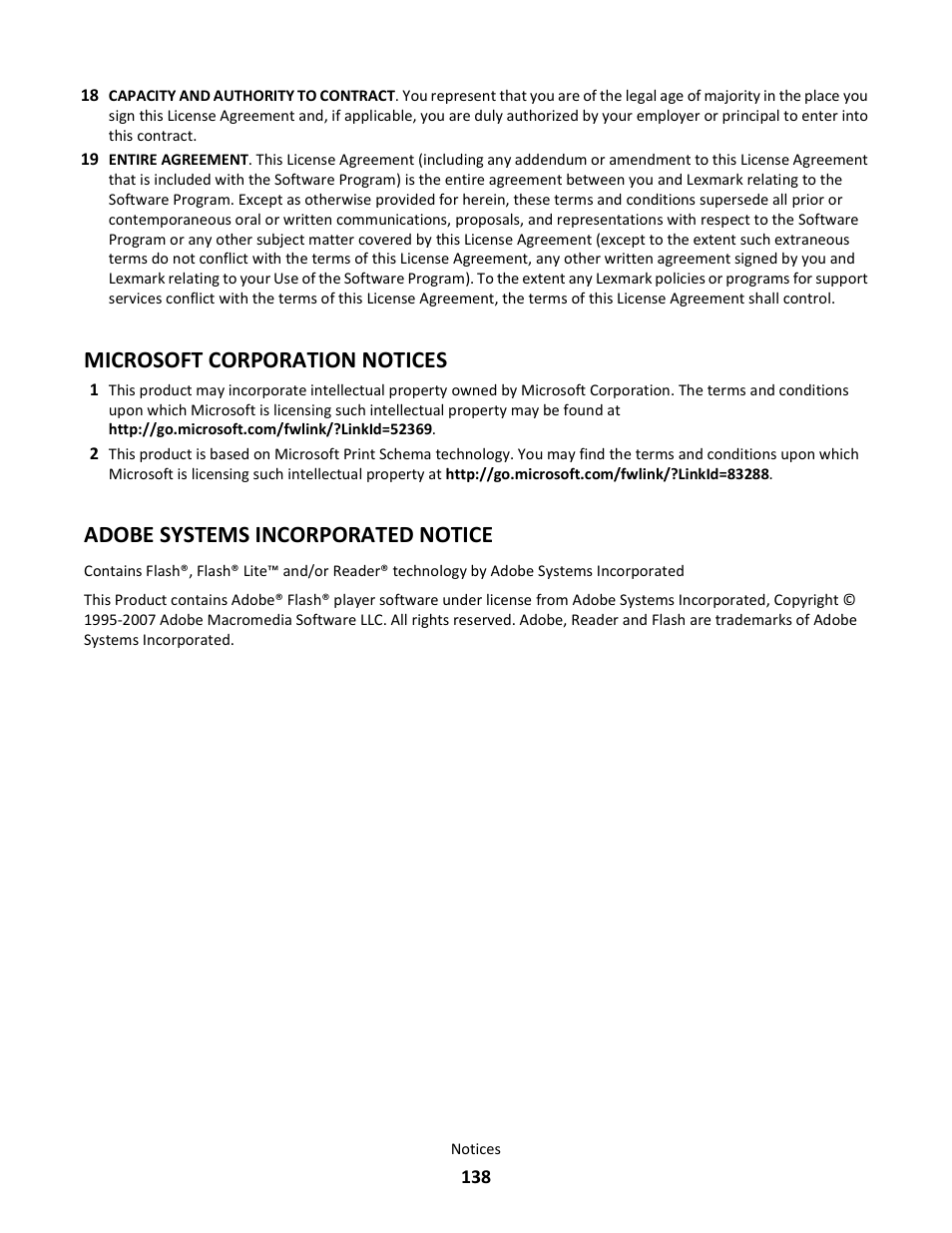 Microsoft corporation notices, Adobe systems incorporated notice | Lexmark E260dn User Manual | Page 138 / 142
