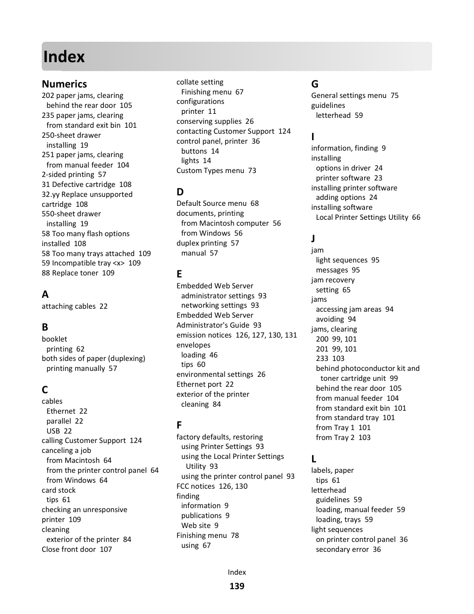 Index, Numerics | Lexmark E260dn User Manual | Page 139 / 142