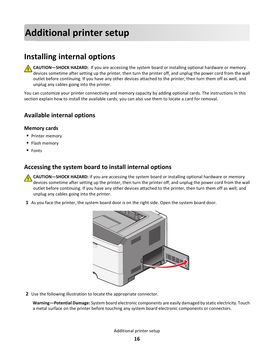 Additional printer setup, Installing internal options, Available internal options | Lexmark E260dn User Manual | Page 16 / 142