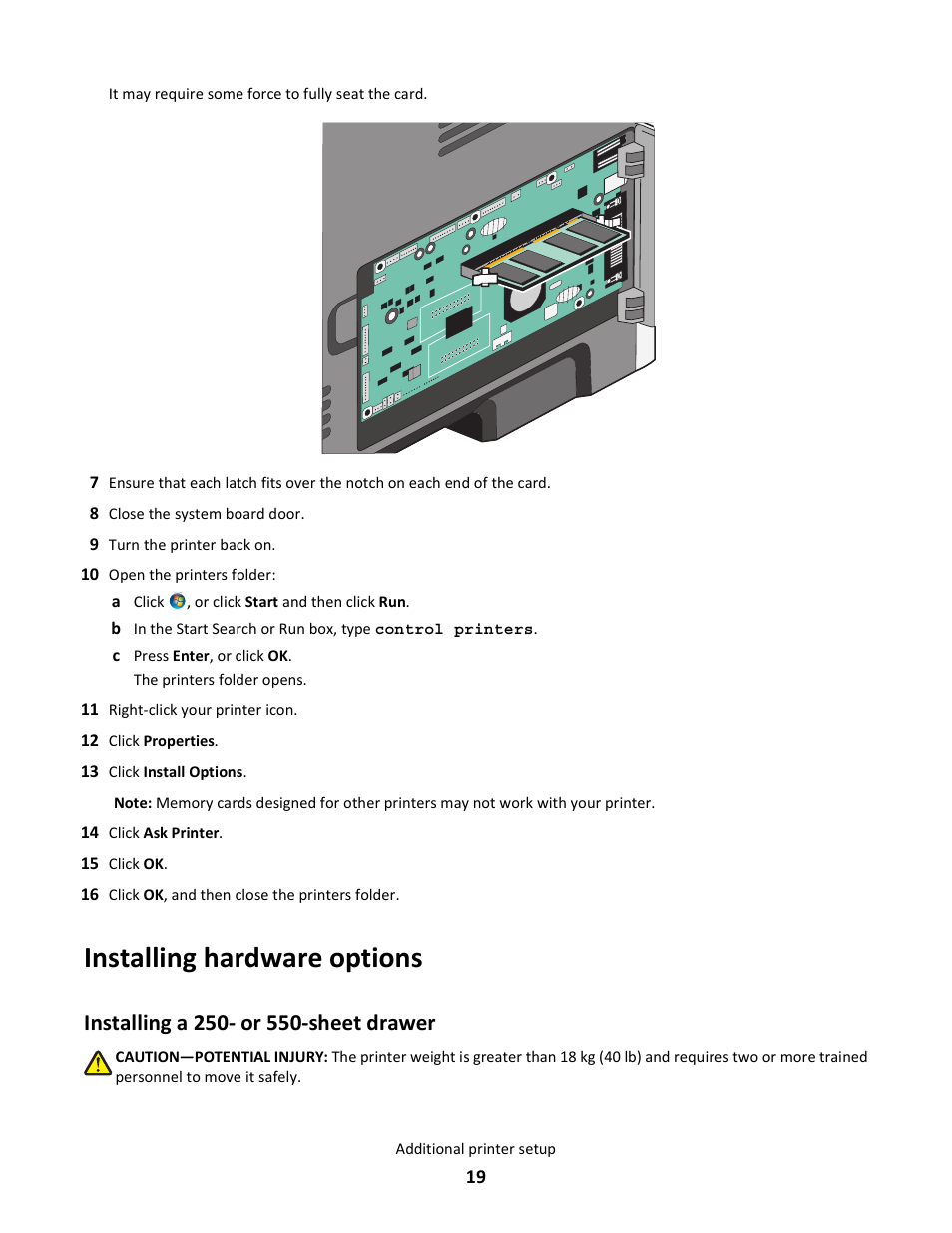 Installing hardware options, Installing a 250- or 550-sheet drawer | Lexmark E260dn User Manual | Page 19 / 142