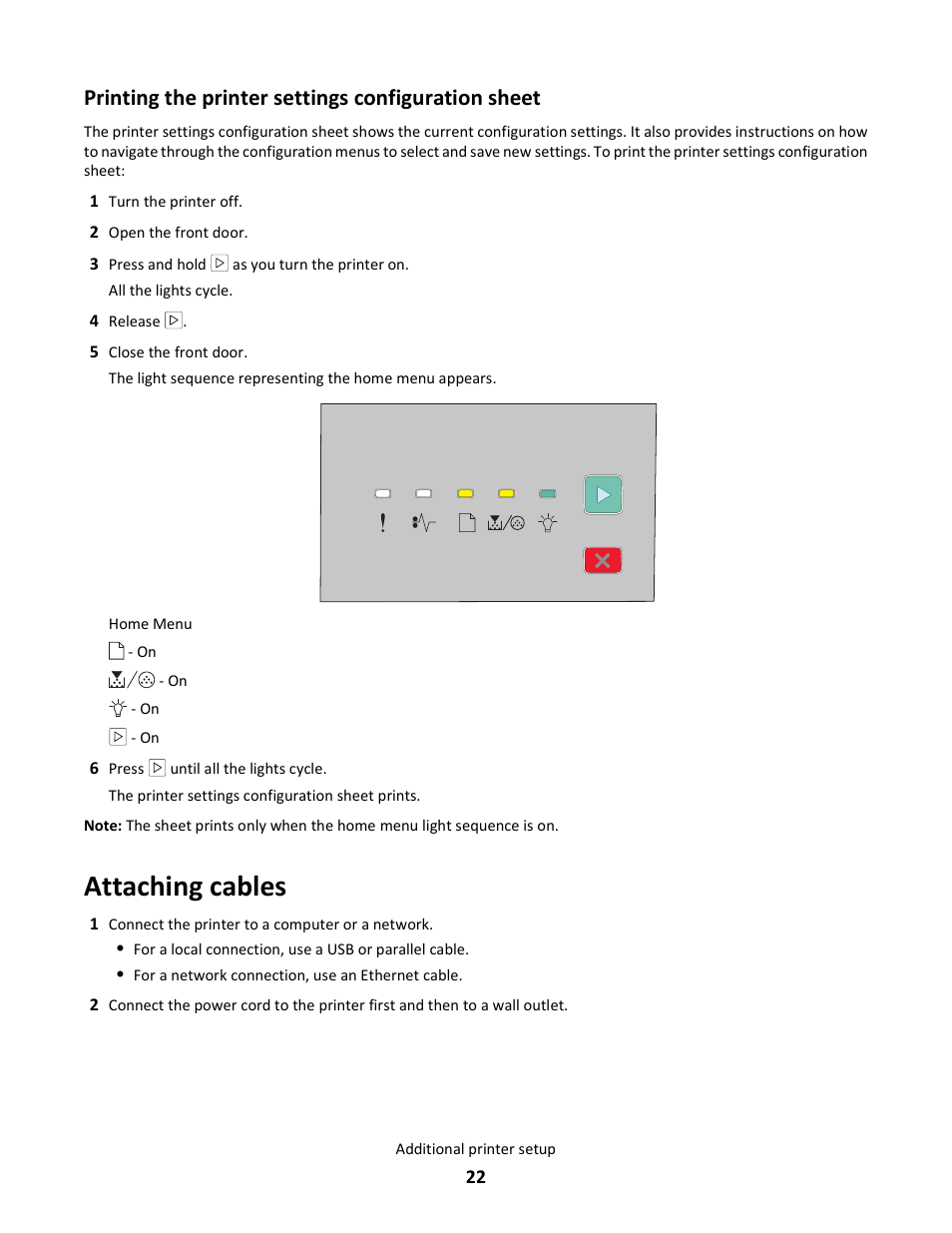 Printing the printer settings configuration sheet, Attaching cables | Lexmark E260dn User Manual | Page 22 / 142