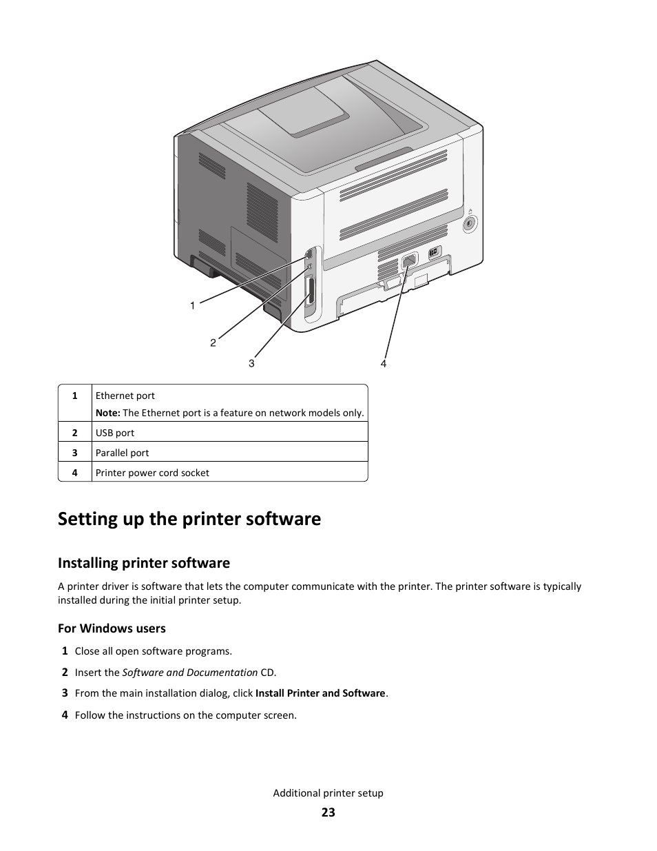 Setting up the printer software, Installing printer software | Lexmark E260dn User Manual | Page 23 / 142