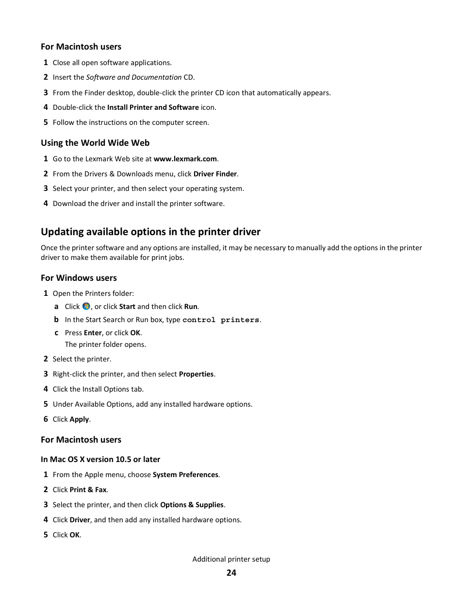 Updating available options in the printer driver | Lexmark E260dn User Manual | Page 24 / 142
