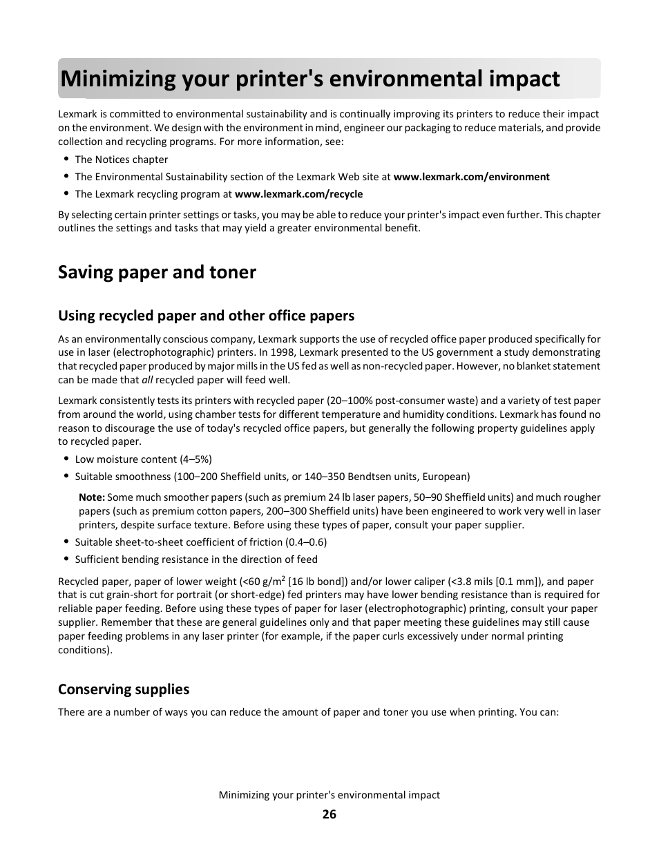 Minimizing your printer's environmental impact, Saving paper and toner, Using recycled paper and other office papers | Conserving supplies | Lexmark E260dn User Manual | Page 26 / 142