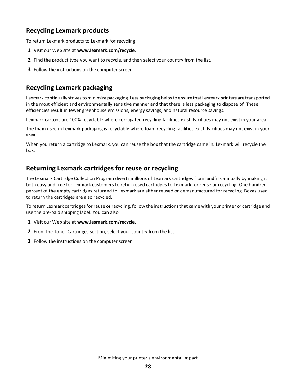 Recycling lexmark products, Recycling lexmark packaging | Lexmark E260dn User Manual | Page 28 / 142