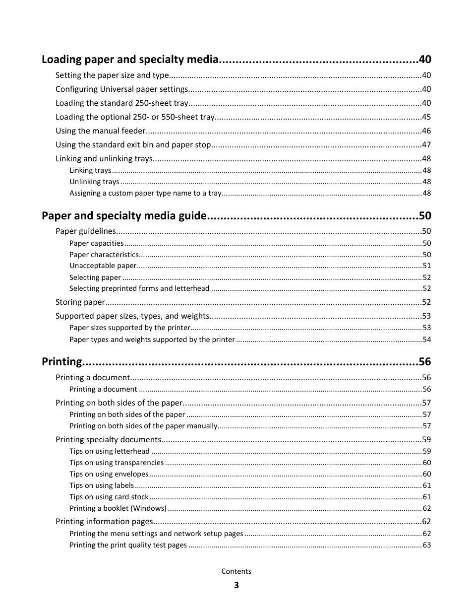 Loading paper and specialty media, Paper and specialty media guide, Printing | Lexmark E260dn User Manual | Page 3 / 142
