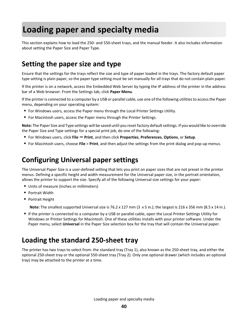 Loading paper and specialty media, Setting the paper size and type, Configuring universal paper settings | Loading the standard 250-sheet tray | Lexmark E260dn User Manual | Page 40 / 142