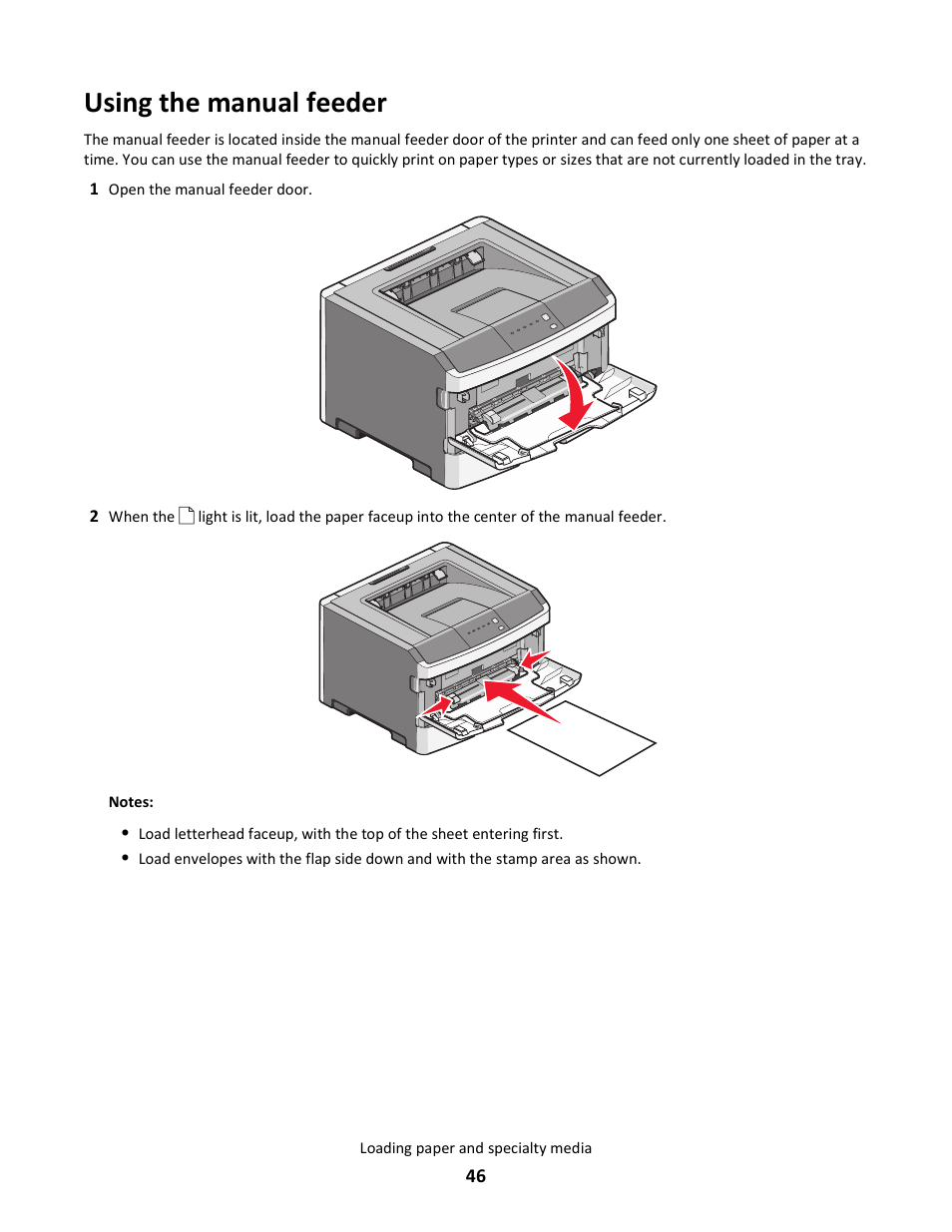 Using the manual feeder | Lexmark E260dn User Manual | Page 46 / 142