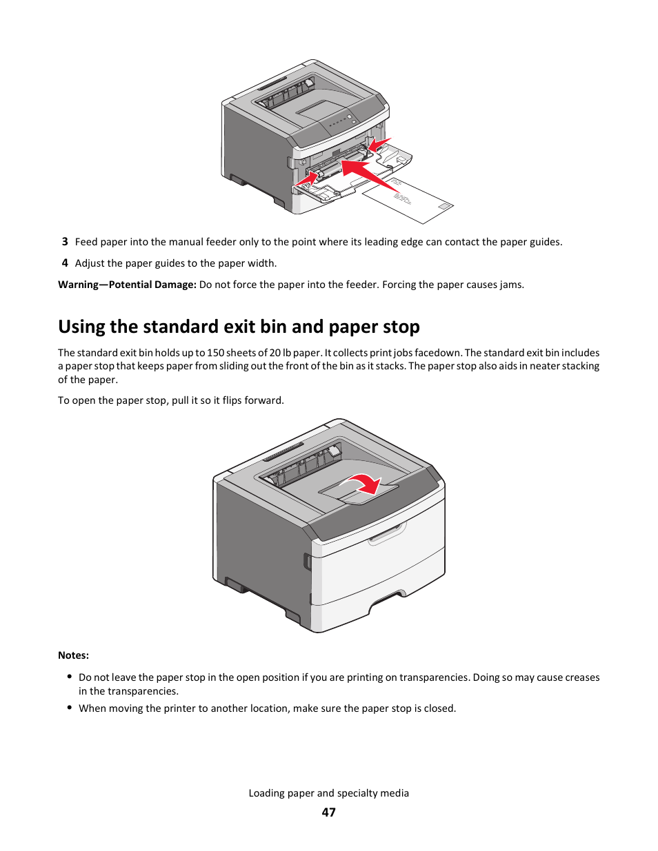 Using the standard exit bin and paper stop | Lexmark E260dn User Manual | Page 47 / 142