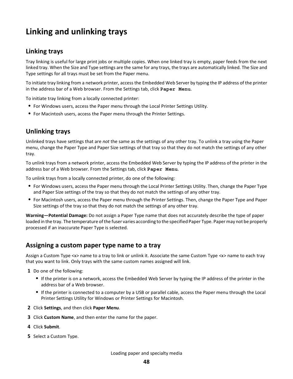 Linking and unlinking trays, Linking trays, Unlinking trays | Assigning a custom paper type name to a tray | Lexmark E260dn User Manual | Page 48 / 142