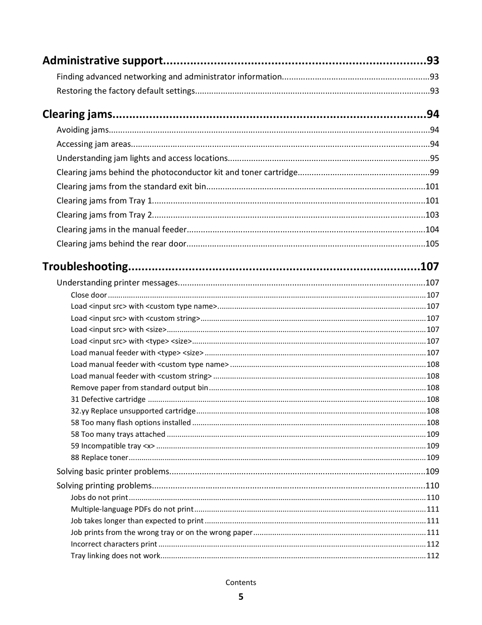 Administrative support, Clearing jams, Troubleshooting | Lexmark E260dn User Manual | Page 5 / 142