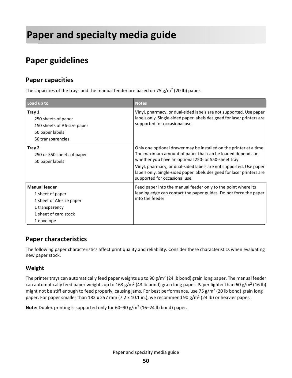 Paper and specialty media guide, Paper guidelines, Paper capacities | Paper characteristics, Paper capacities paper characteristics | Lexmark E260dn User Manual | Page 50 / 142