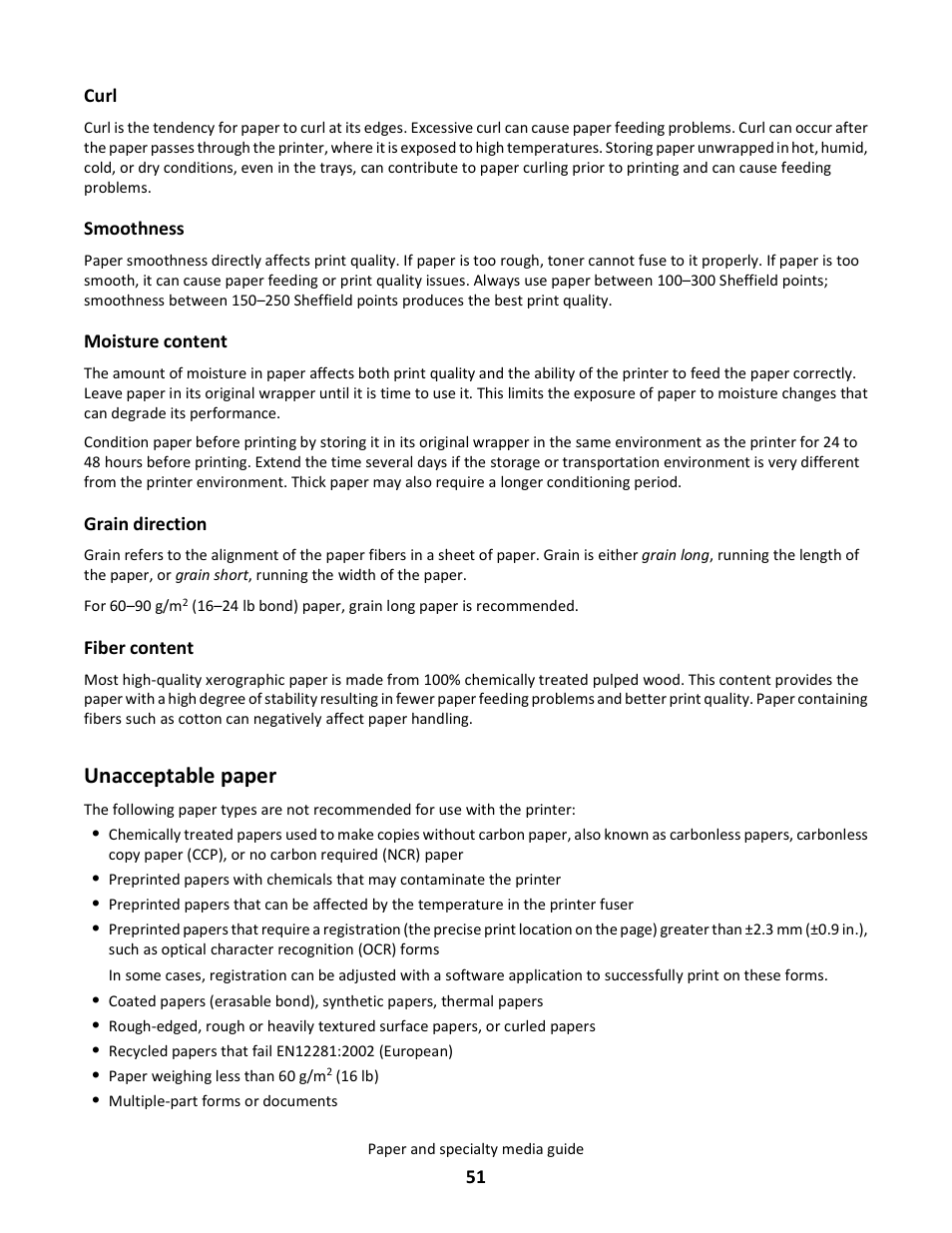 Unacceptable paper | Lexmark E260dn User Manual | Page 51 / 142