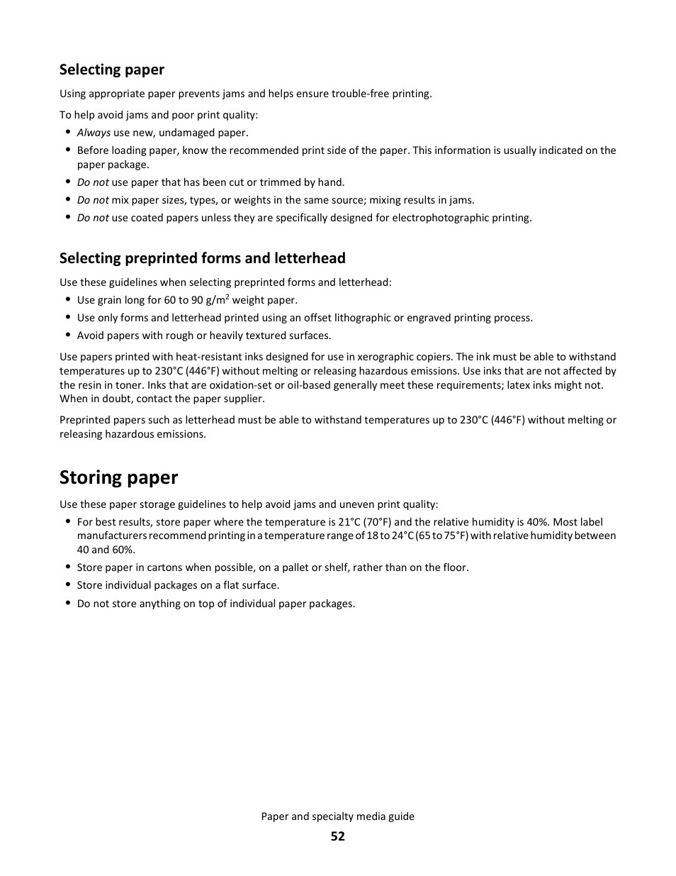 Selecting paper, Selecting preprinted forms and letterhead, Storing paper | Lexmark E260dn User Manual | Page 52 / 142