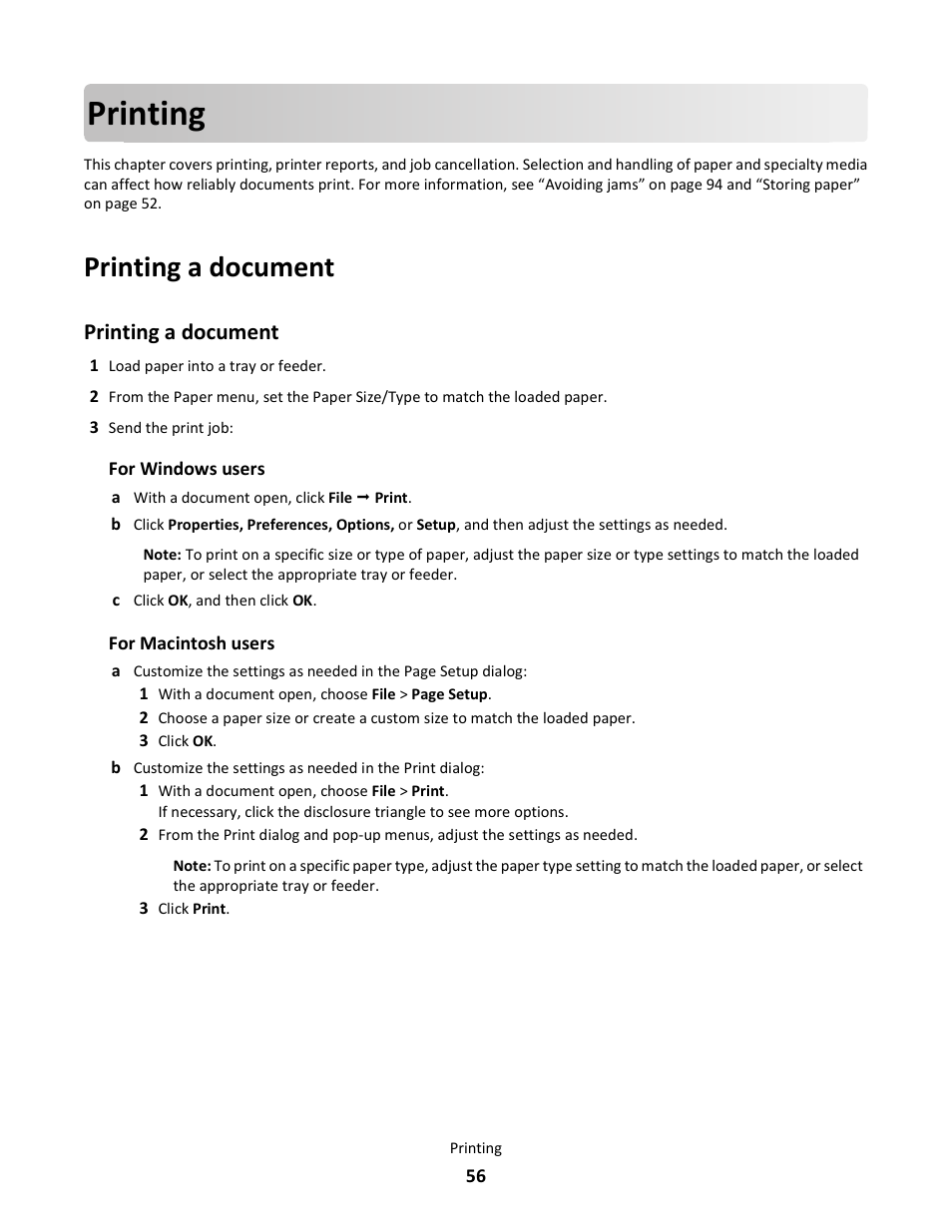 Printing, Printing a document | Lexmark E260dn User Manual | Page 56 / 142