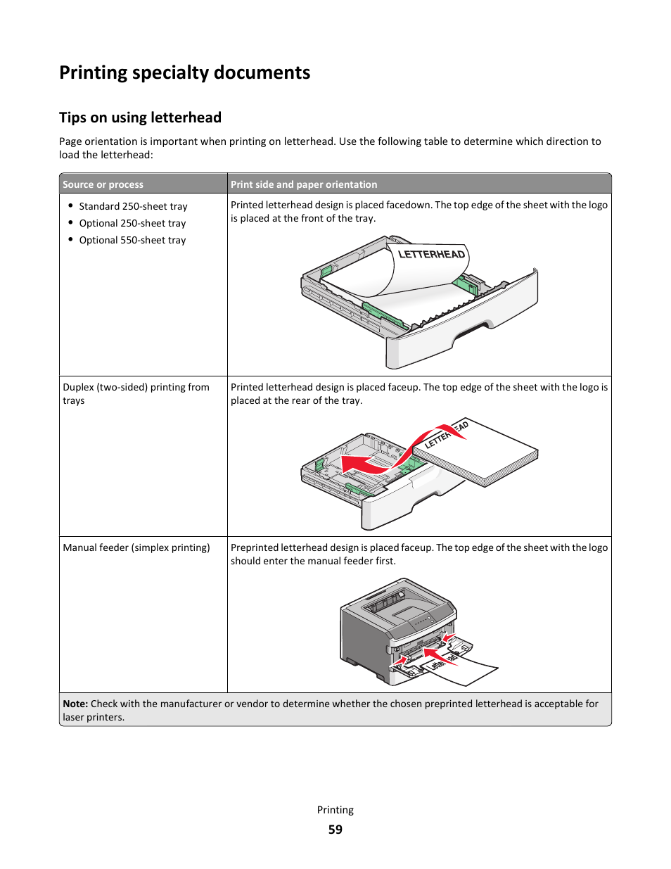 Printing specialty documents, Tips on using letterhead | Lexmark E260dn User Manual | Page 59 / 142