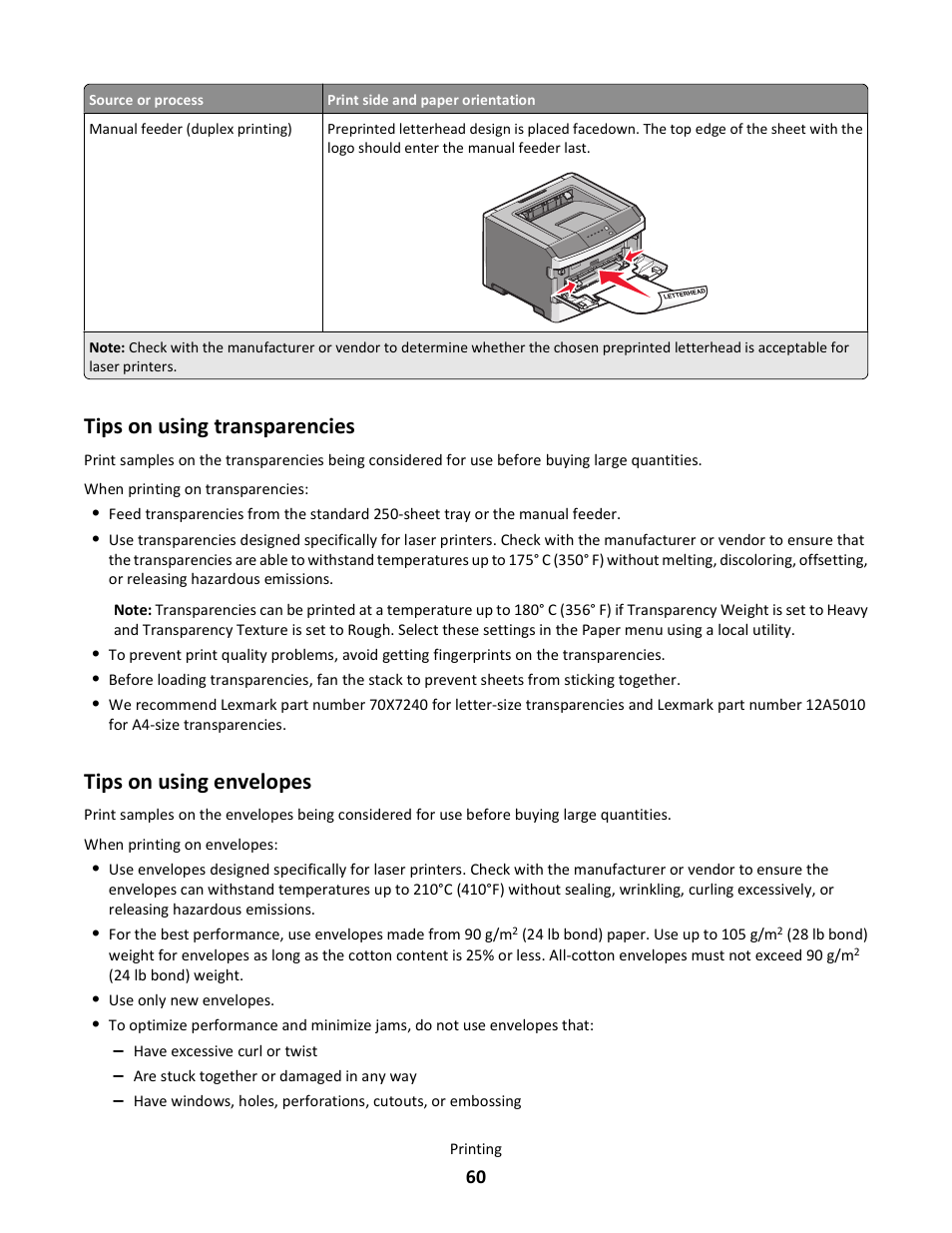 Tips on using transparencies, Tips on using envelopes | Lexmark E260dn User Manual | Page 60 / 142