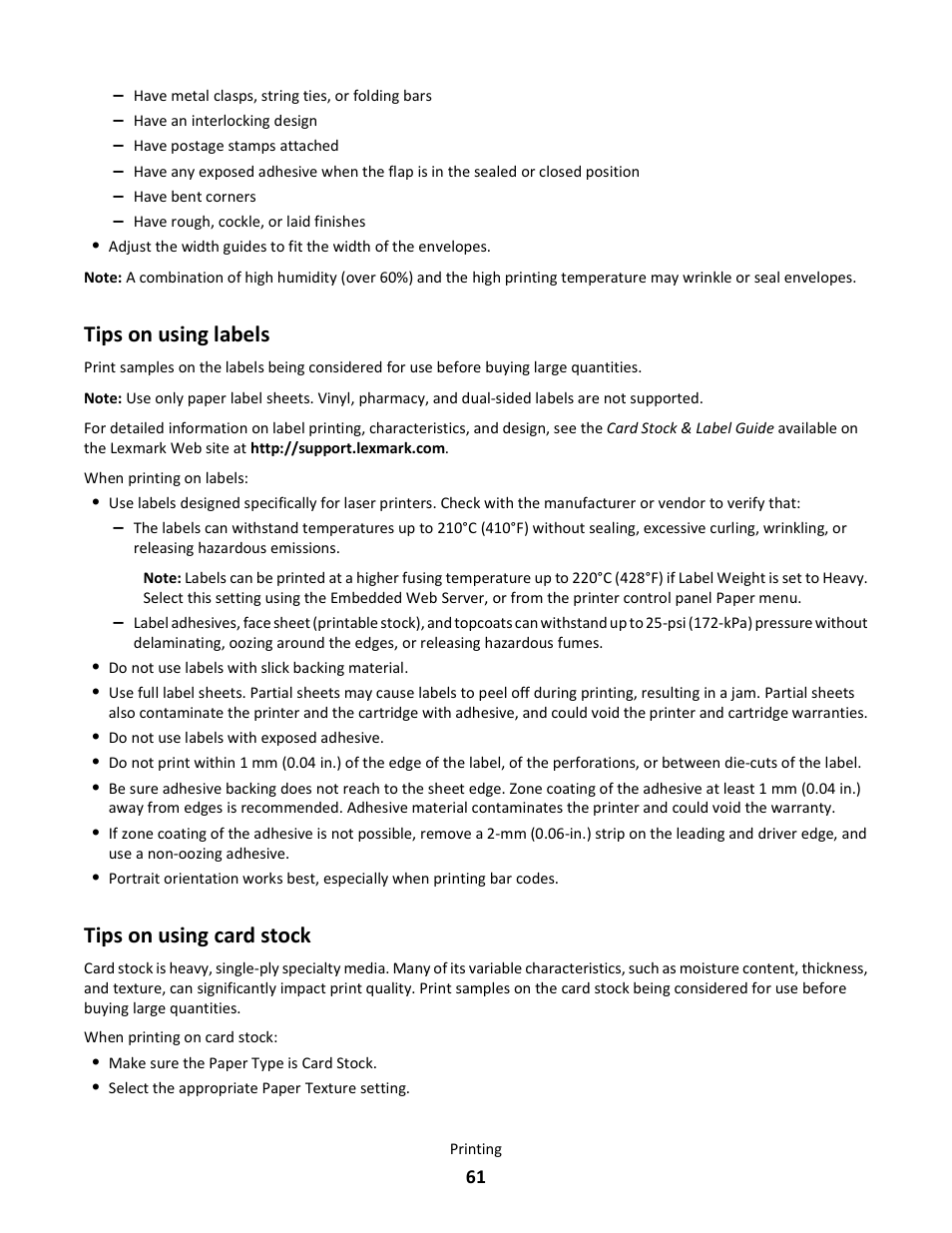 Tips on using labels, Tips on using card stock, Tips on using labels tips on using card stock | Lexmark E260dn User Manual | Page 61 / 142