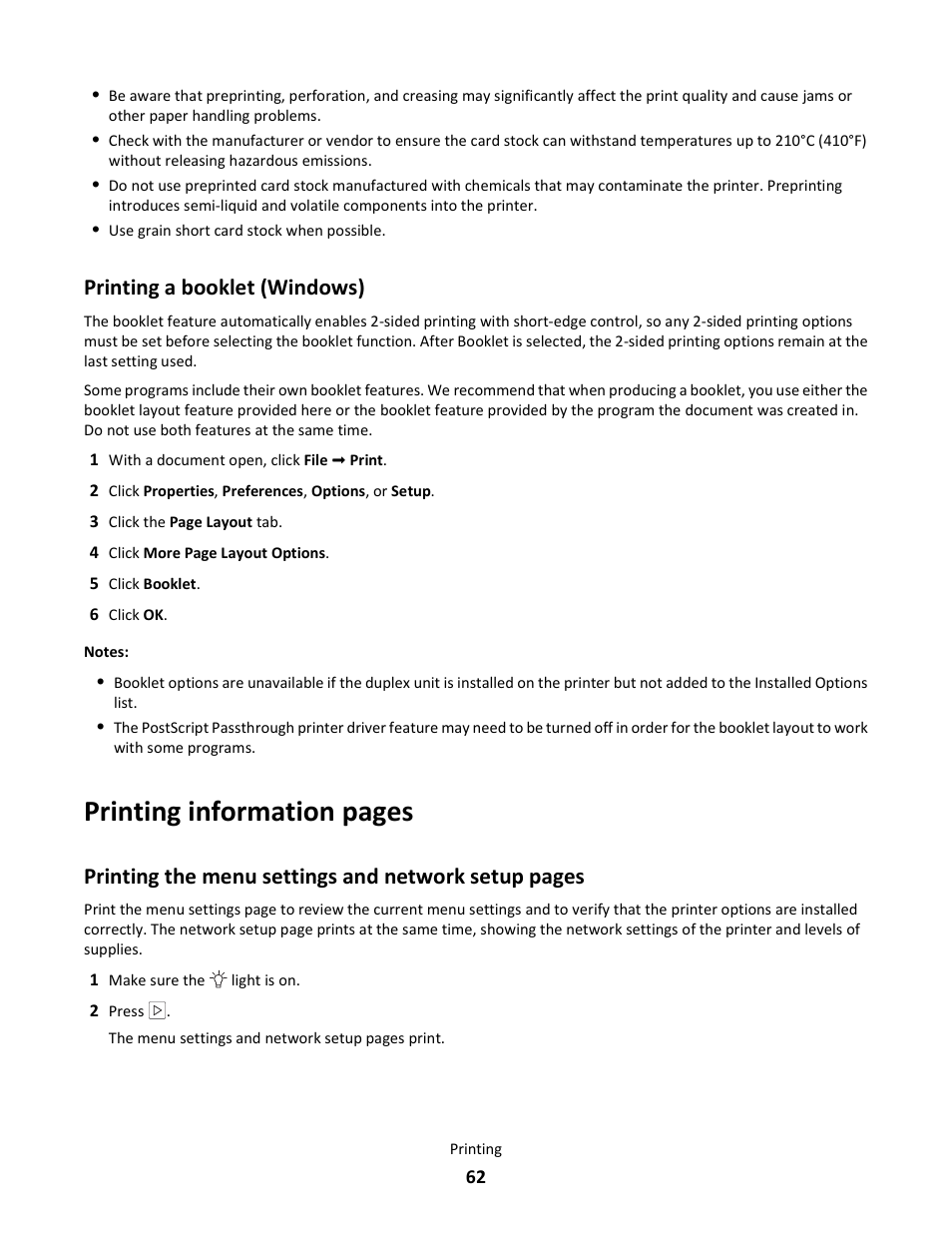 Printing a booklet (windows), Printing information pages, Printing the menu settings and network setup pages | Lexmark E260dn User Manual | Page 62 / 142