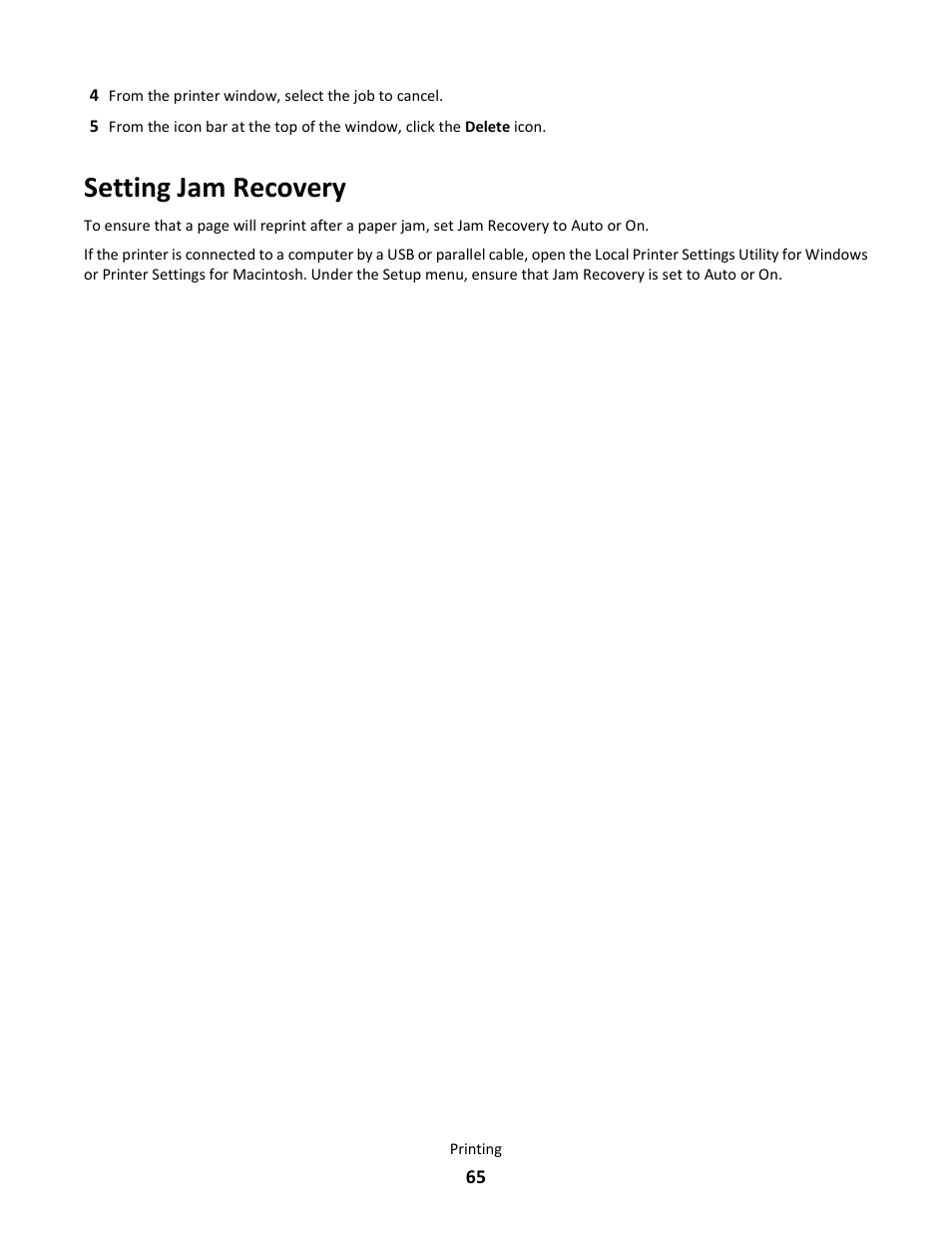 Setting jam recovery | Lexmark E260dn User Manual | Page 65 / 142