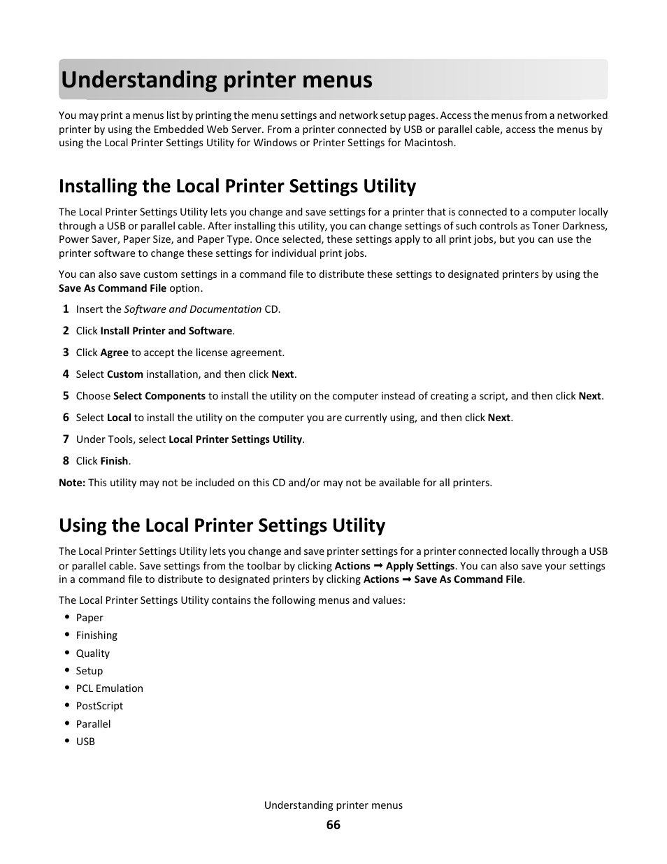 Understanding printer menus, Installing the local printer settings utility, Using the local printer settings utility | Lexmark E260dn User Manual | Page 66 / 142