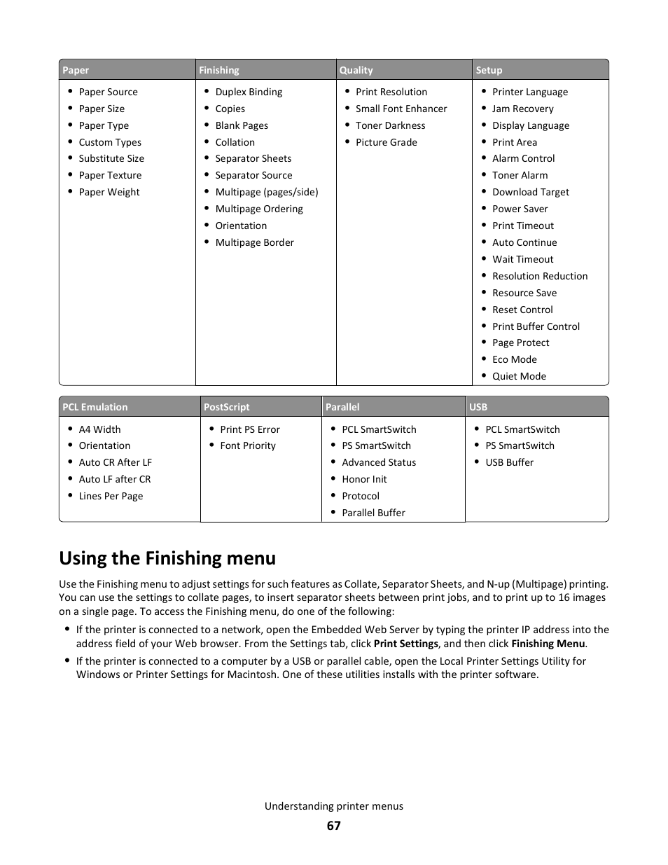 Using the finishing menu | Lexmark E260dn User Manual | Page 67 / 142