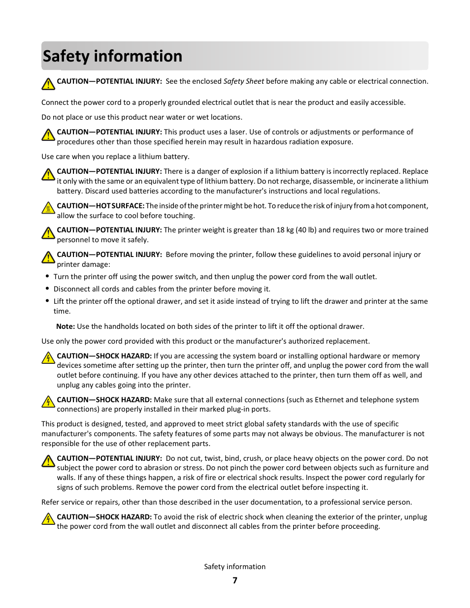 Safety information | Lexmark E260dn User Manual | Page 7 / 142