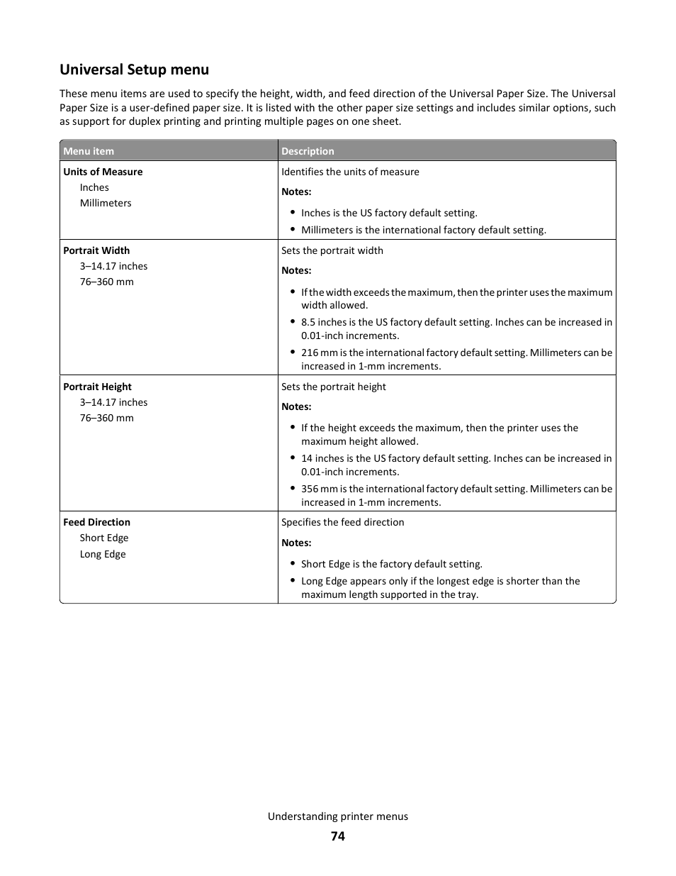 Universal setup menu | Lexmark E260dn User Manual | Page 74 / 142