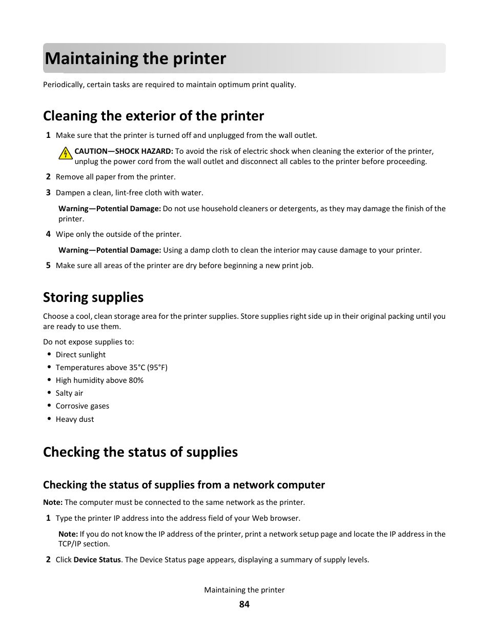 Maintaining the printer, Cleaning the exterior of the printer, Storing supplies | Checking the status of supplies | Lexmark E260dn User Manual | Page 84 / 142