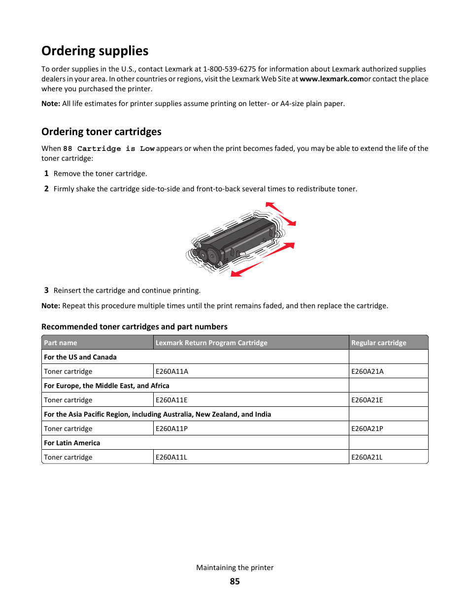 Ordering supplies, Ordering toner cartridges | Lexmark E260dn User Manual | Page 85 / 142