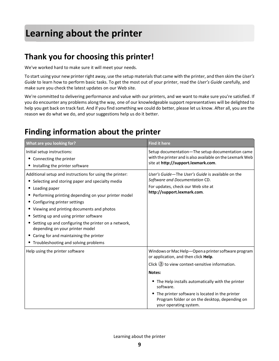 Learning about the printer, Thank you for choosing this printer, Finding information about the printer | Lexmark E260dn User Manual | Page 9 / 142