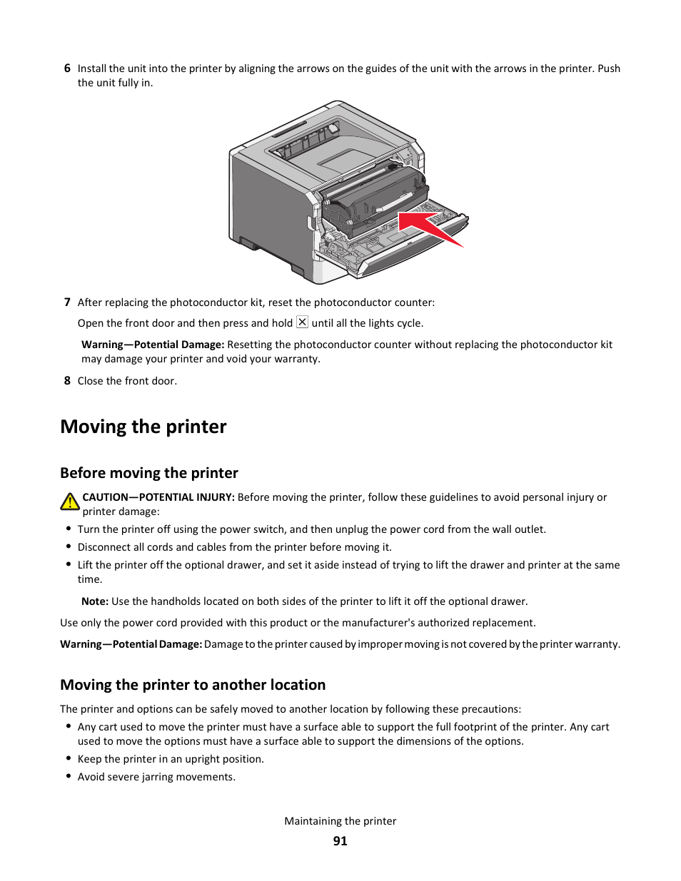 Moving the printer, Before moving the printer, Moving the printer to another location | Lexmark E260dn User Manual | Page 91 / 142