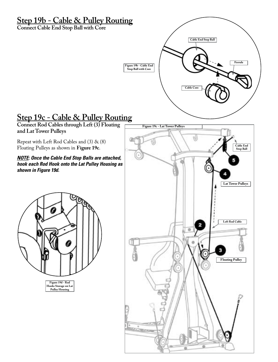 Step 19c - cable & pulley routing, Step 19b - cable & pulley routing, Connect cable end stop ball with core | Bowflex Xtreme 2 User Manual | Page 18 / 23