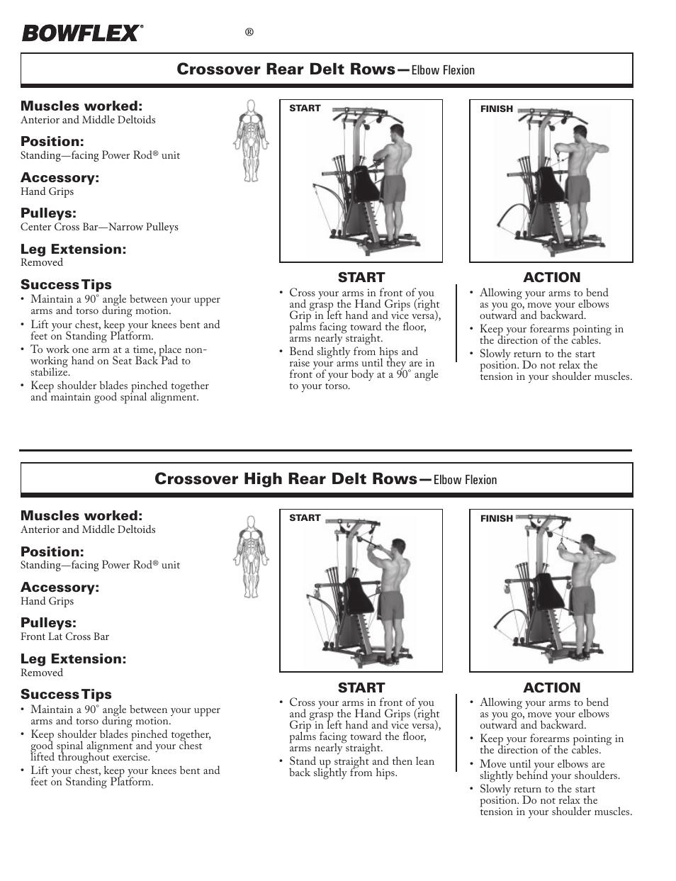 Shoulder exercises, Xtreme, Crossover rear delt rows | Crossover high rear delt rows | Bowflex Xtreme 2 User Manual | Page 20 / 73