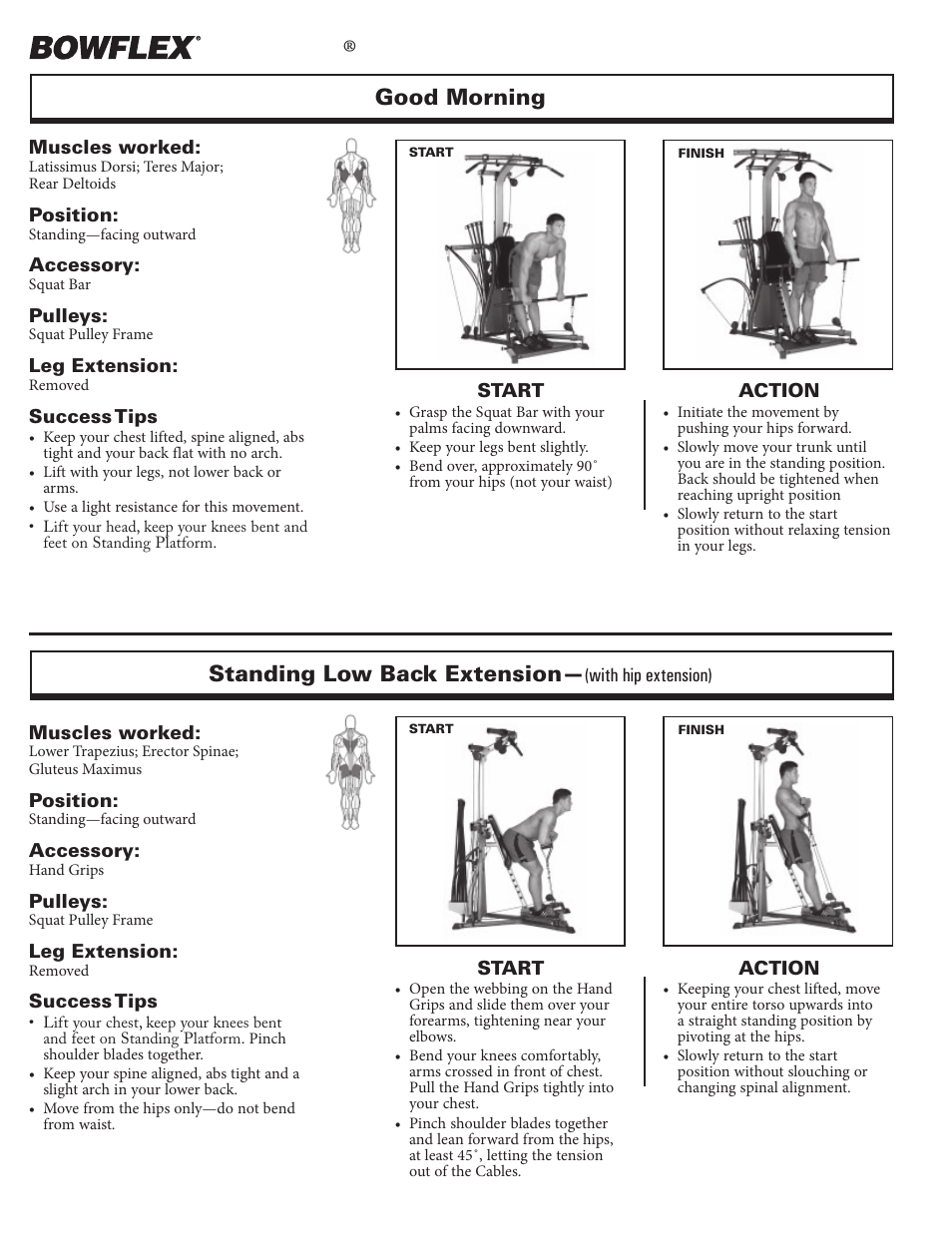 Back exercises, Xtreme, Standing low back extension | Good morning | Bowflex Xtreme 2 User Manual | Page 28 / 73