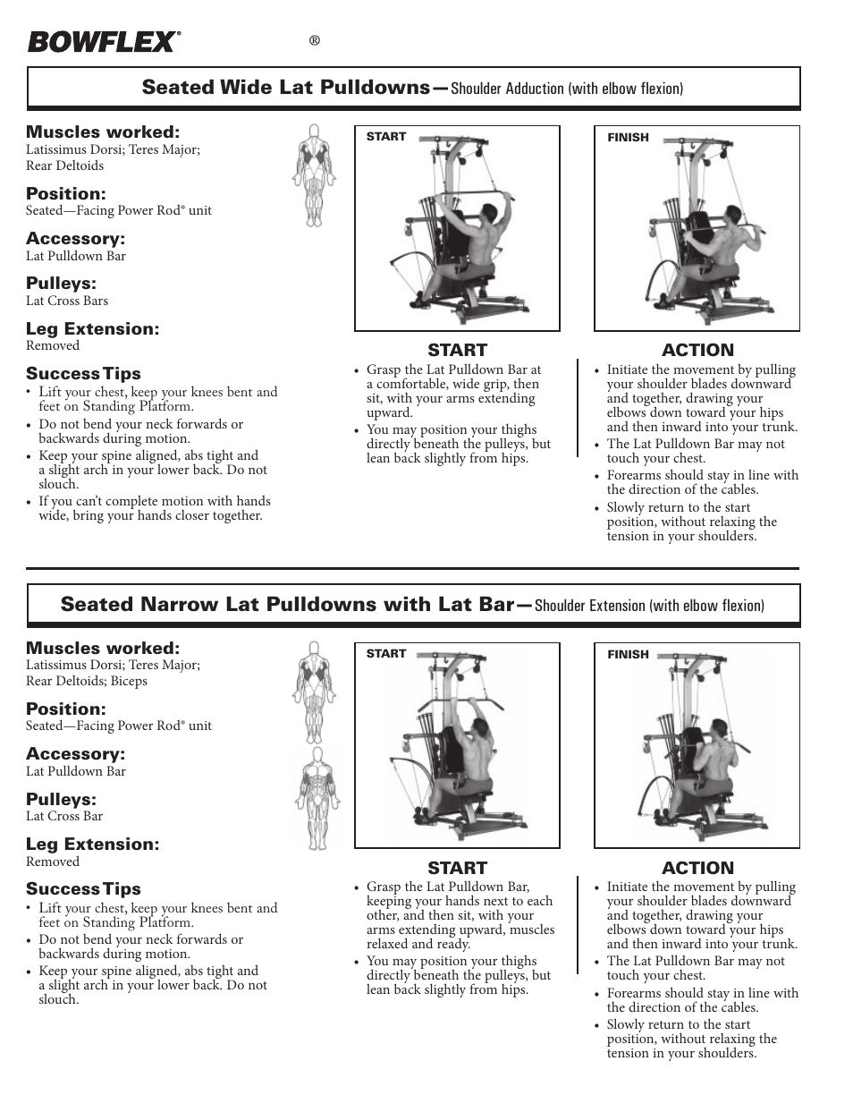 Back exercises, Xtreme, Seated wide lat pulldowns | Seated narrow lat pulldowns with lat bar | Bowflex Xtreme 2 User Manual | Page 30 / 73