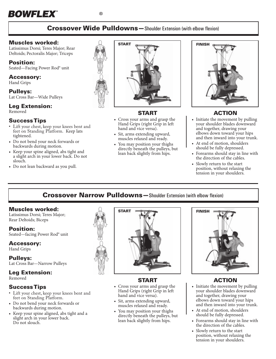 Back exercises, Xtreme, Crossover wide pulldowns | Crossover narrow pulldowns | Bowflex Xtreme 2 User Manual | Page 32 / 73