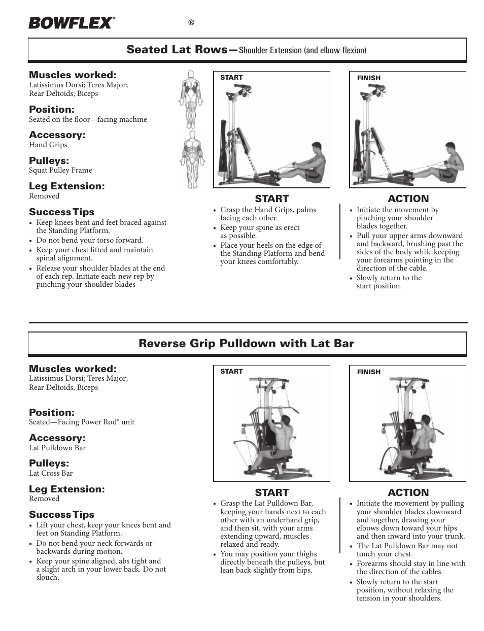 Back exercises, Xtreme, Seated lat rows | Reverse grip pulldown with lat bar | Bowflex Xtreme 2 User Manual | Page 35 / 73