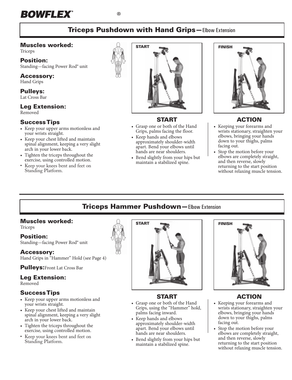 Arm exercises, Xtreme, Triceps pushdown with hand grips | Triceps hammer pushdown | Bowflex Xtreme 2 User Manual | Page 36 / 73