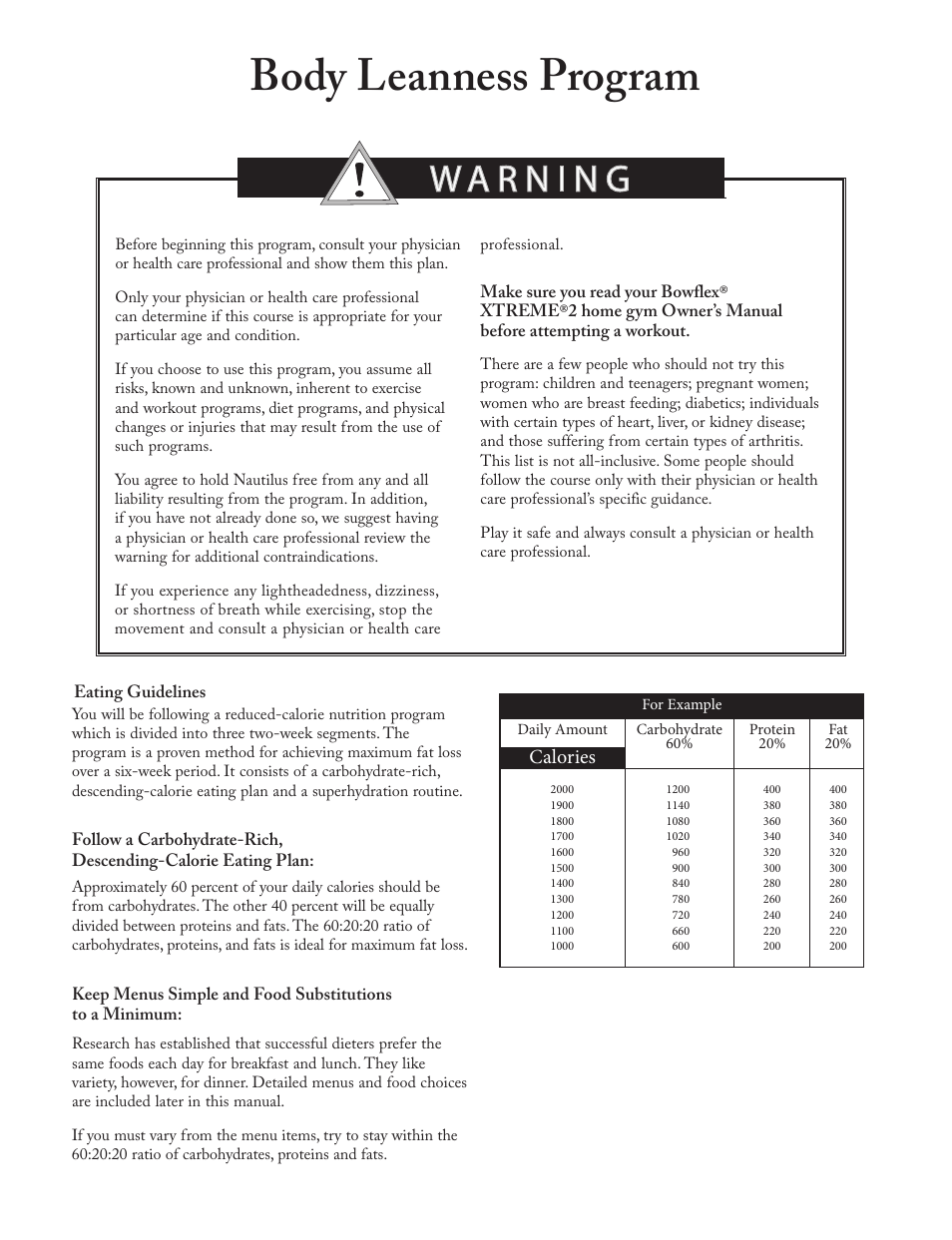 Body leanness program, Calories | Bowflex Xtreme 2 User Manual | Page 58 / 73
