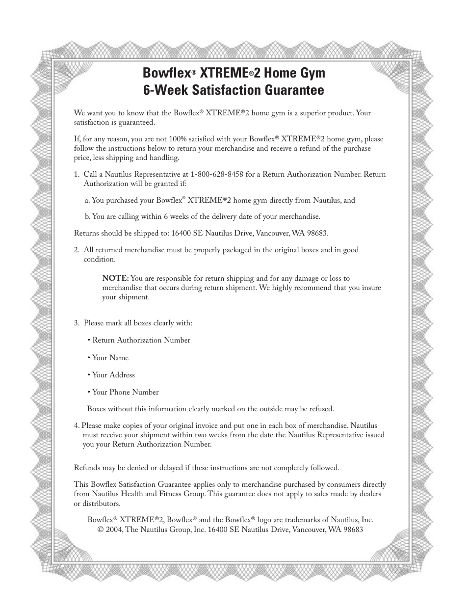 Bowflex, Xtreme, 2 home gym 6-week satisfaction guarantee | Bowflex Xtreme 2 User Manual | Page 66 / 73